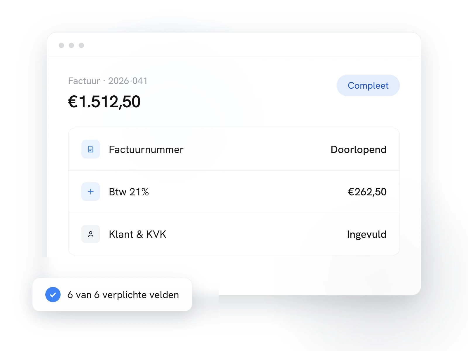 Gratis gemaakte factuur van € 1.512,50 in Cleverboek met doorlopend factuurnummer, automatisch berekende btw van 21% en ingevulde klant- en KVK-gegevens