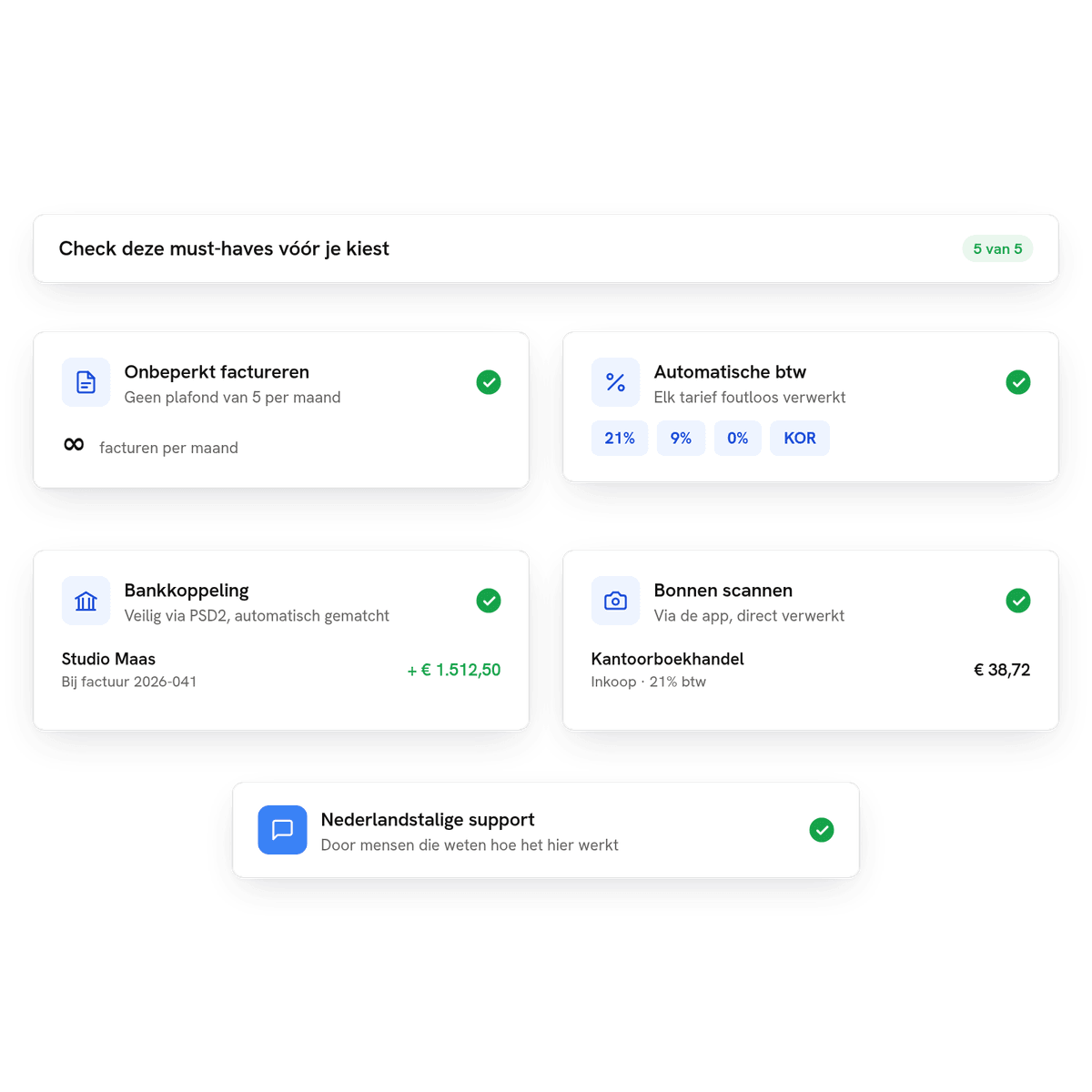 Must-haves bij een gratis boekhoudprogramma: onbeperkt factureren, automatische btw voor 21%, 9%, 0% en KOR, bankkoppeling, bonnen scannen en Nederlandstalige support