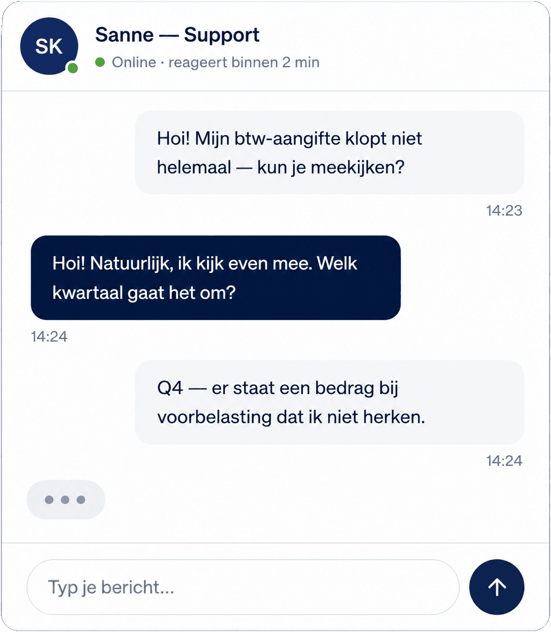 Support via chat. Geen bots, geen wachtrijen.